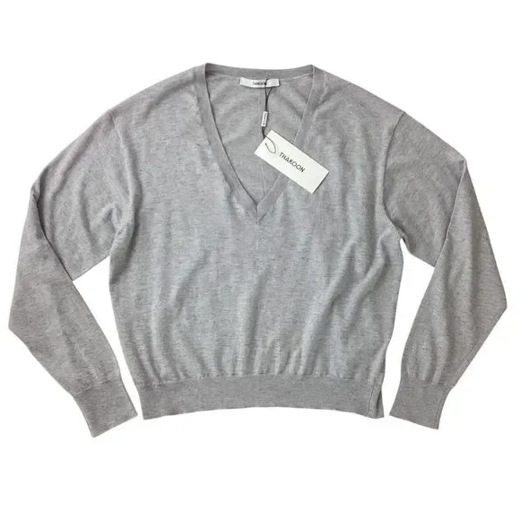 THAKOON Size XL NWT V-neck Sweater LH Light Heather Gray Lightweight Pullover - Picture 3 of 10